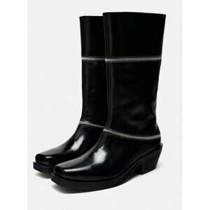 NWT Zara Black ZIPPERED LEATHER Mid Calf Boots 6